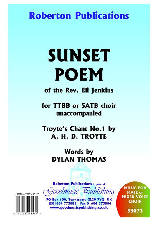 Sunset Poem (Troytes Chant No 1) Ttbb Or Satb A Cappella