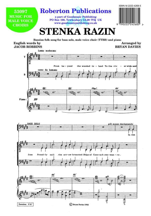 Stenka Razin Bass Solo/Ttbb/Piano