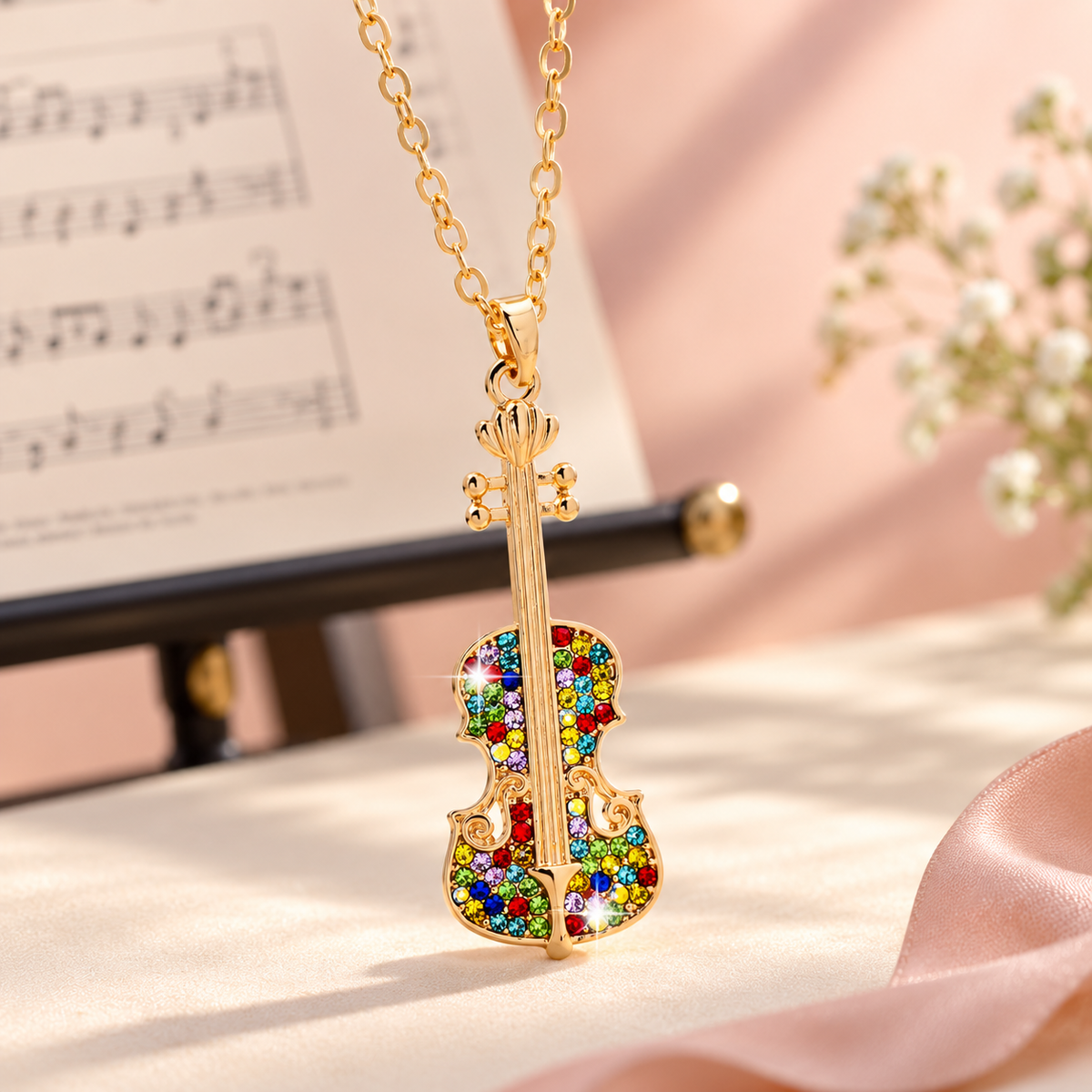 Black Rhinestone Violin Pendant Necklace with Gold Tone Adjustable Chain