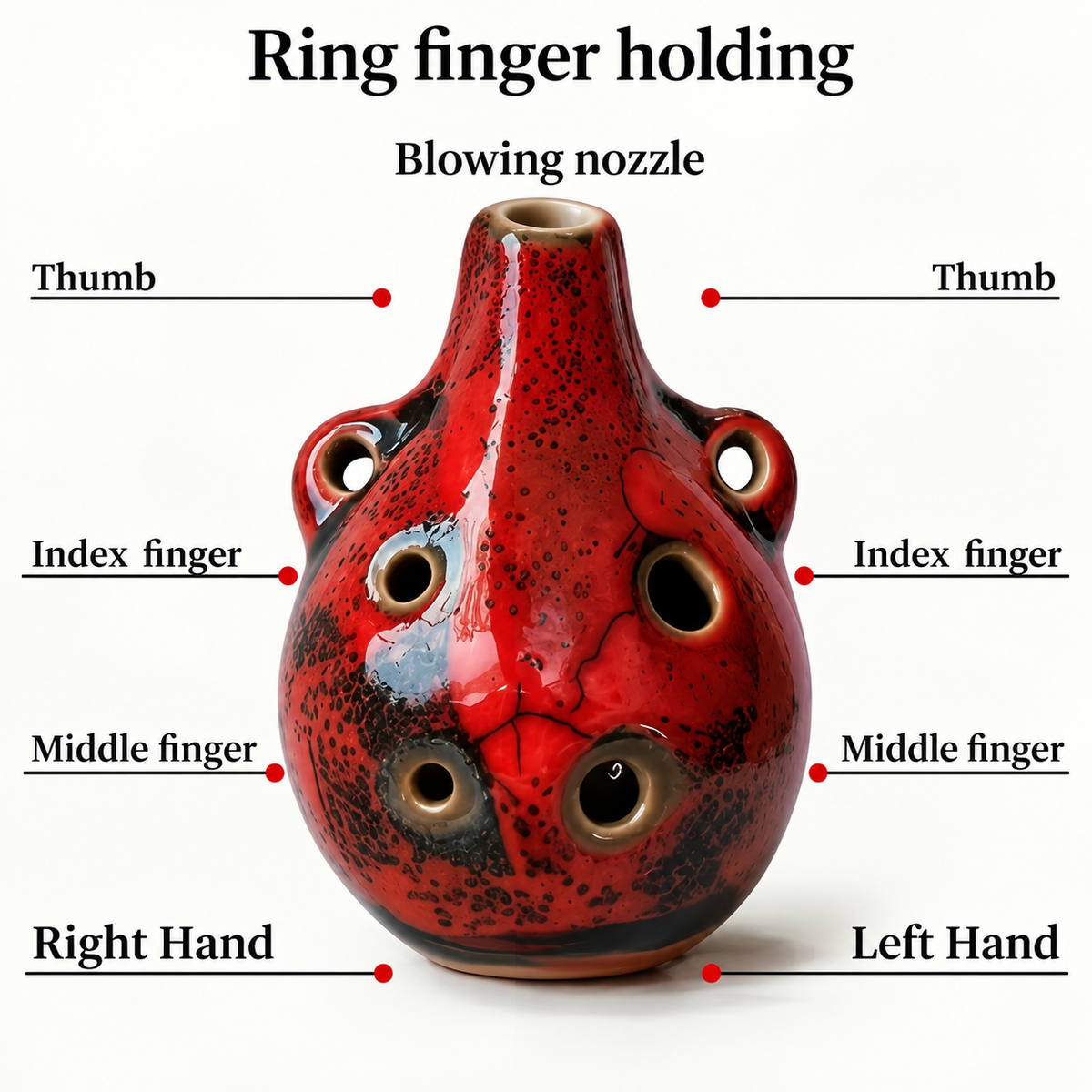 Mini Ceramic 6-Hole Ocarina with Neck Cord and Bag – Red