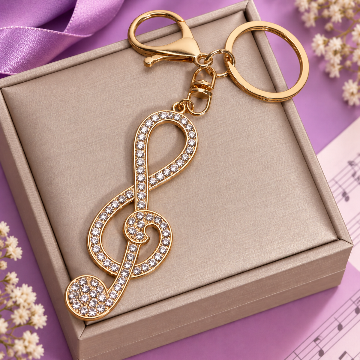 Large Gold and White Rhinestone Treble Clef Keyring with Lobster Clasp
