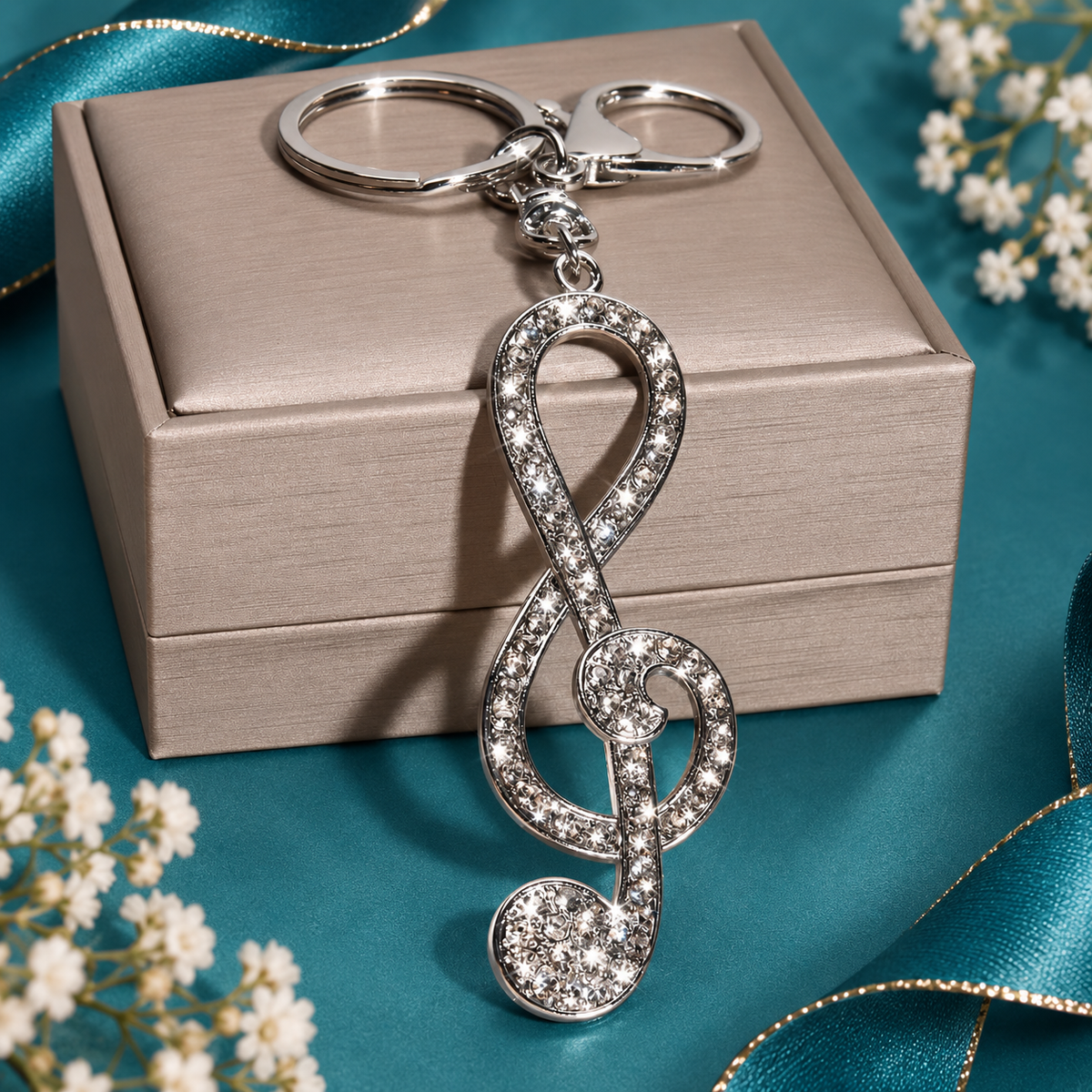 Large Silver and White Rhinestone Treble Clef Keyring with Lobster Clasp