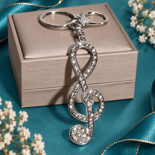 Large Silver and White Rhinestone Treble Clef Keyring with Lobster Clasp