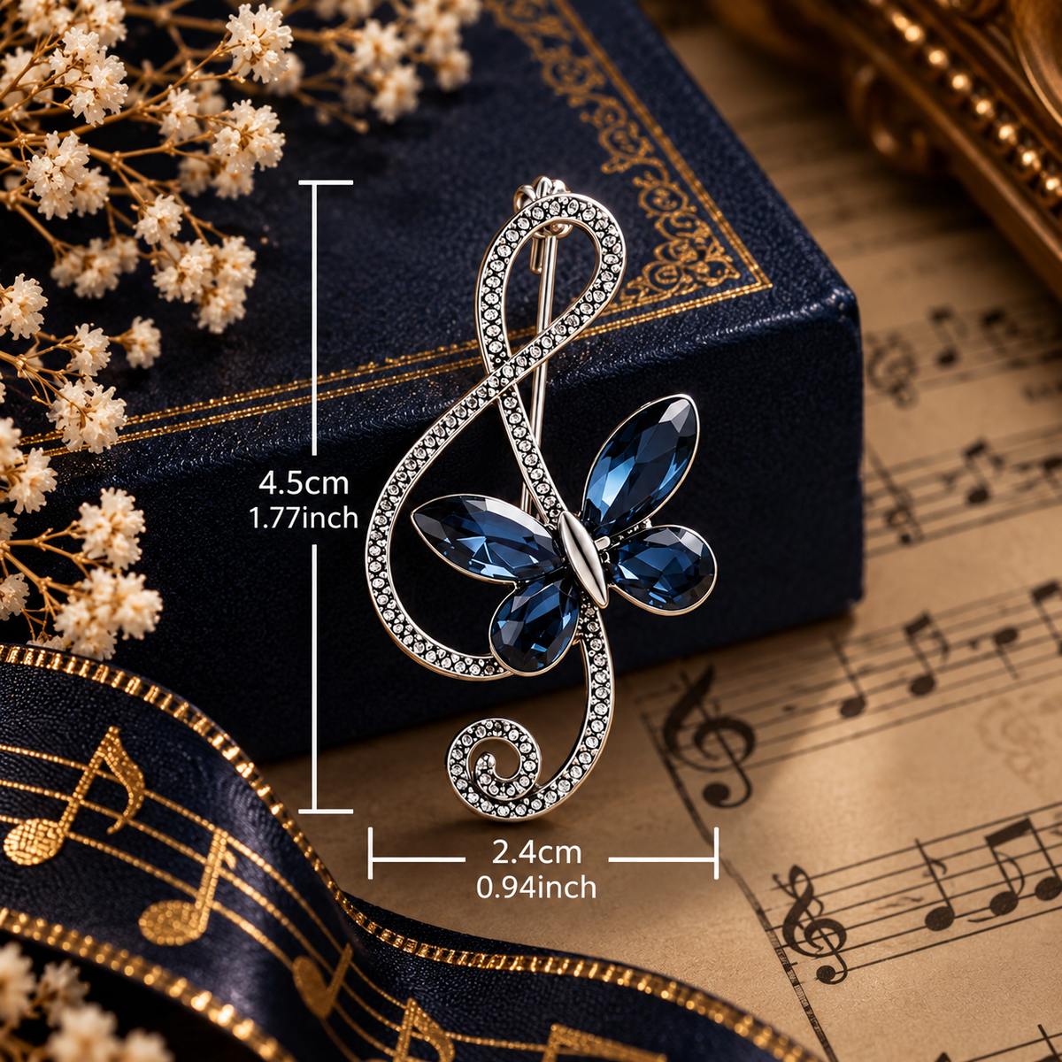 Sundry & Sound Co -Silver Vintage Blue Butterfly Treble Clef Brooch