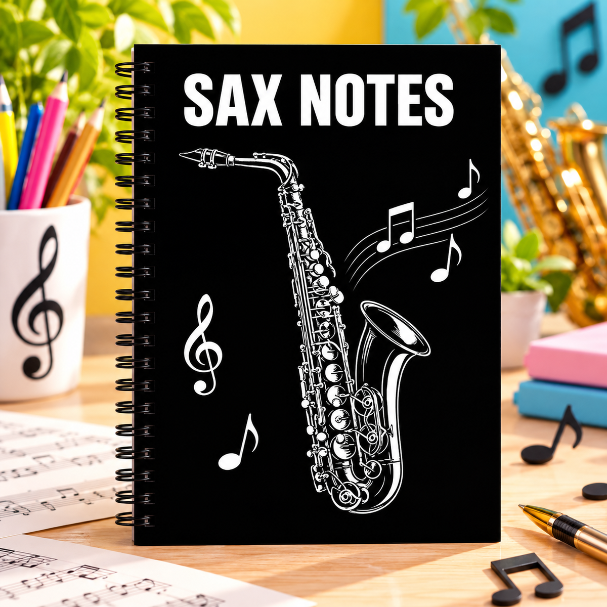 A5 Black and White Sax Notes Spiral Notebook (60 Pages)