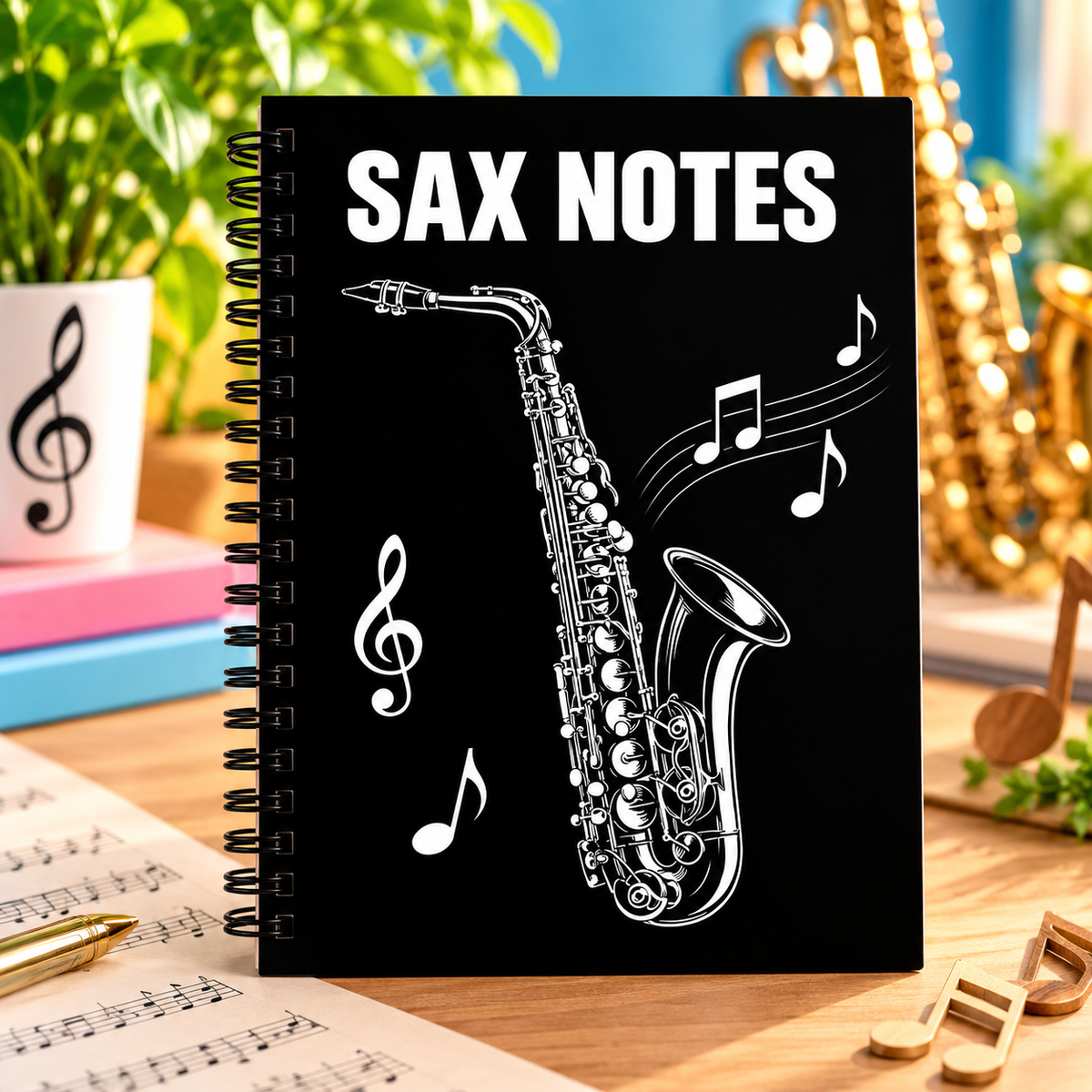 A5 Black and White Sax Notes Spiral Notebook (60 Pages)