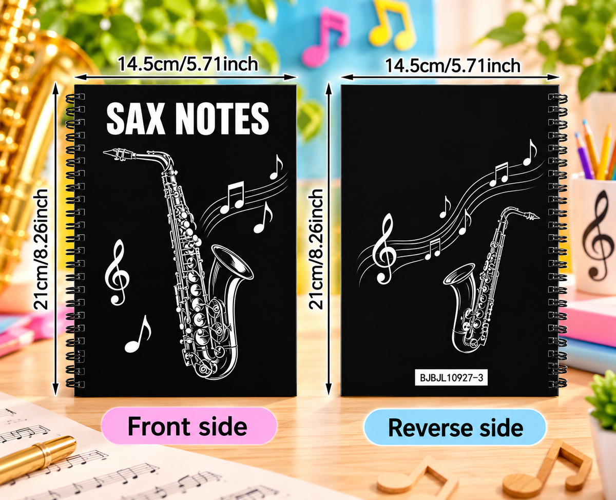 A5 Black and White Sax Notes Spiral Notebook (60 Pages)