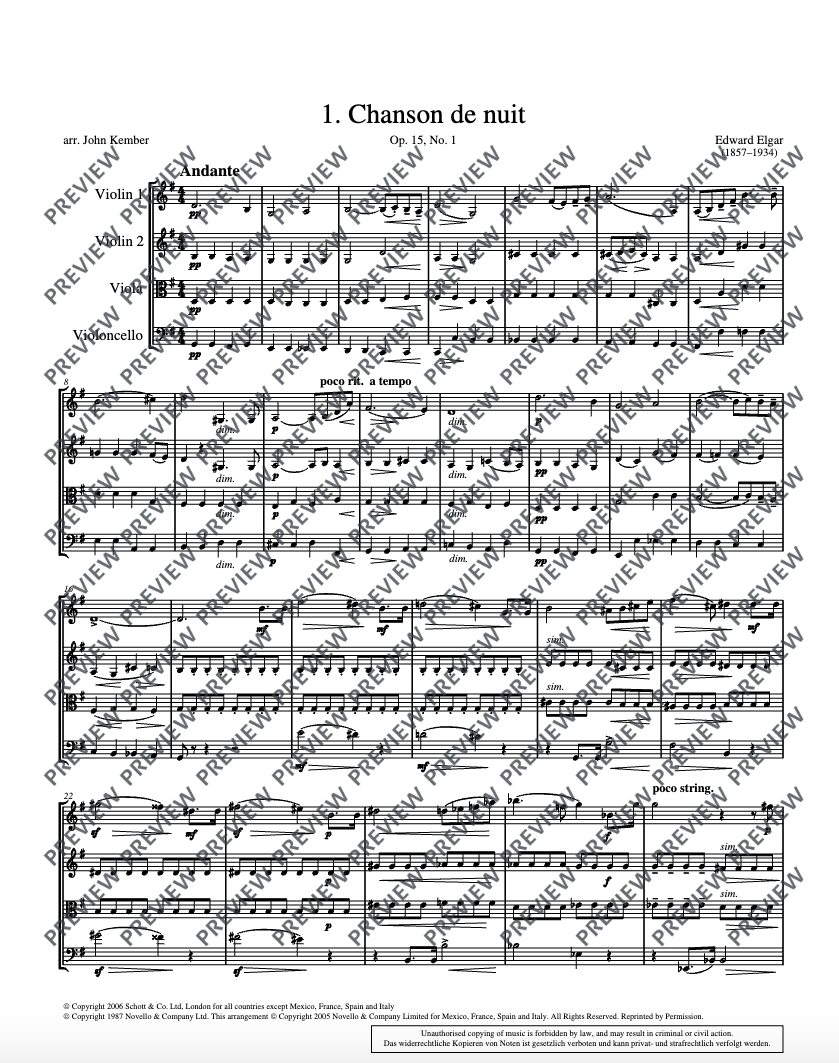 Chanson De Nuit - 8 20th Century Pieces String Quartet Book