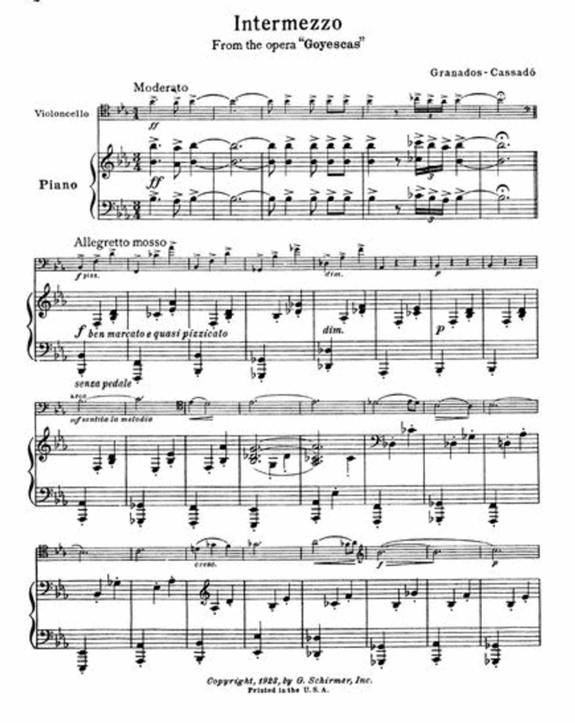Enrique Granados - Intermezzo For Cello with Piano Accompaniment Sheet Music