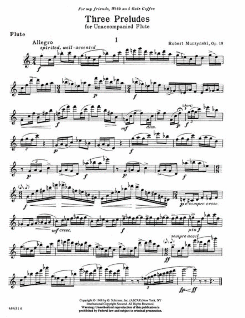 Robert Muczynski - 3 Preludes Opus 18 Flute Solo Sheet Music