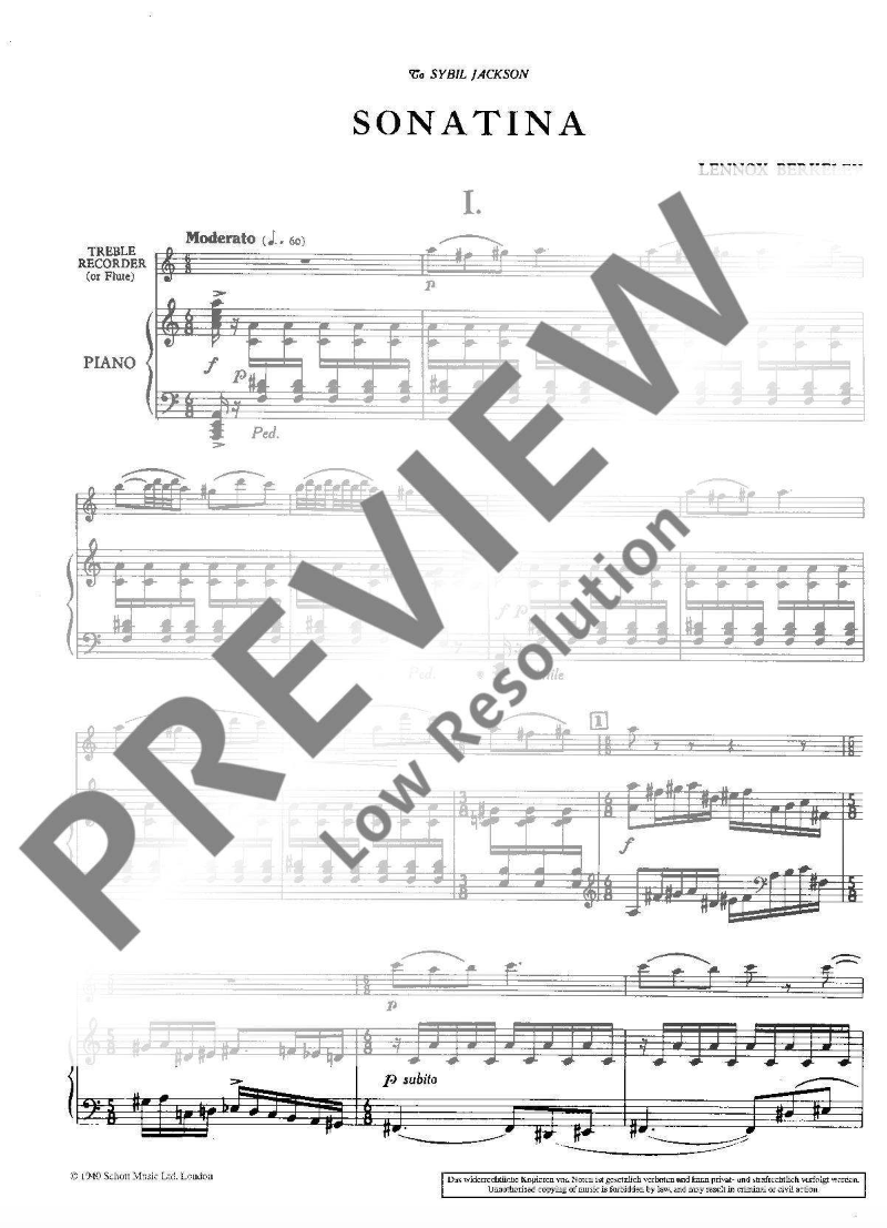 Berkeley - Sonatina Flute Or Treble Recorder with Piano Accompaniment Book