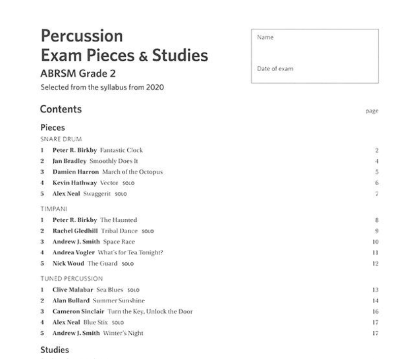 ABRSM Percussion Exam Pieces & Studies - Grade 2 Book