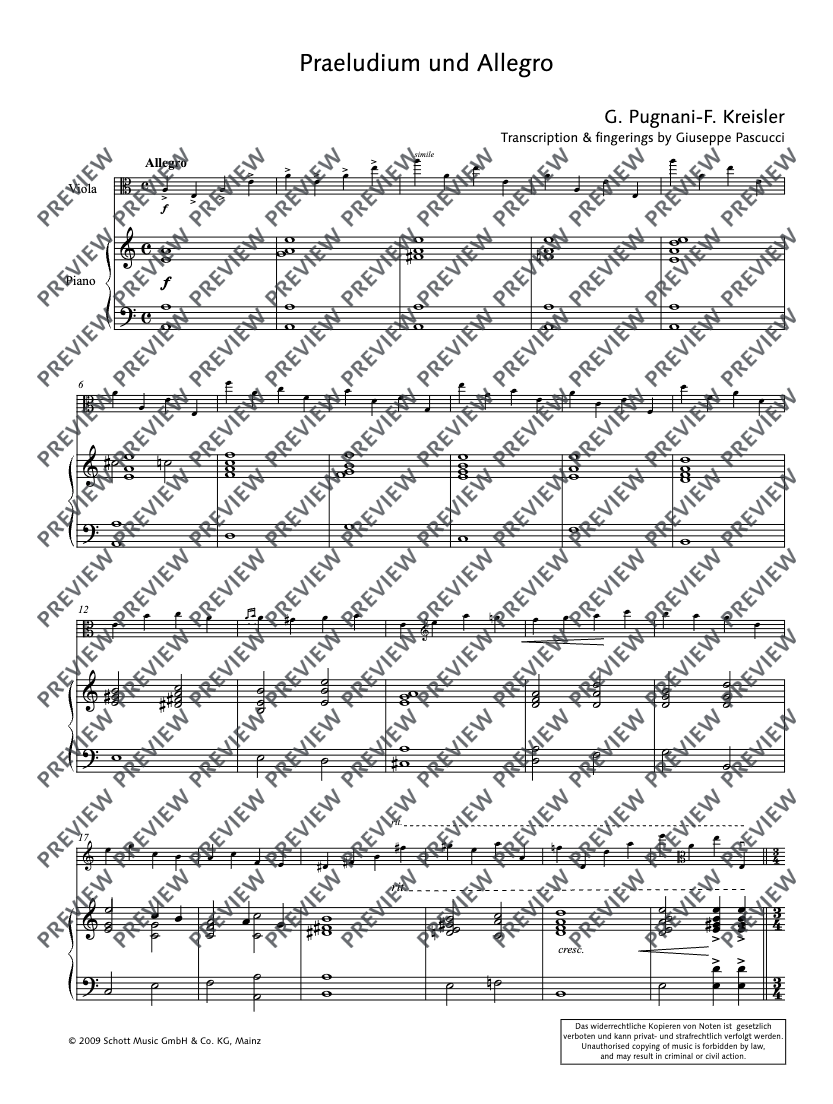 Kreisler - Praeludium And Allegro in the Style Of Pugnani Viola with Piano Book