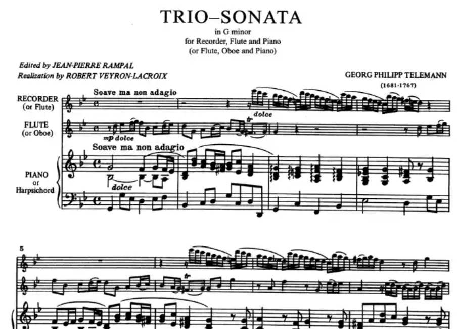 Telemann Trio Sonata in G Minor Flute with Piano Book