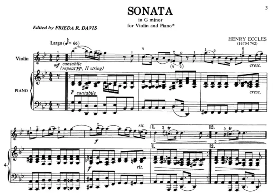 Henry Eccles - Sonata in G Minor for Violin and Piano Book
