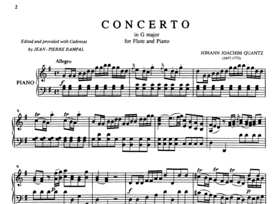 Johann Joachim Quantz - Flute Concerto in G Major with Piano Book