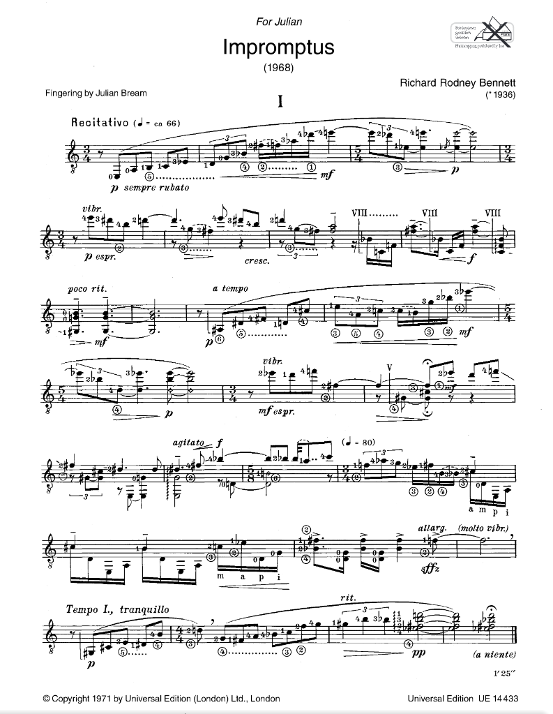Richard Rodney Bennett - Impromptus For Guitar Book