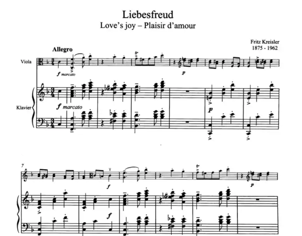 Kreisler - Liebesfreud Viola with Piano Accompaniment Book