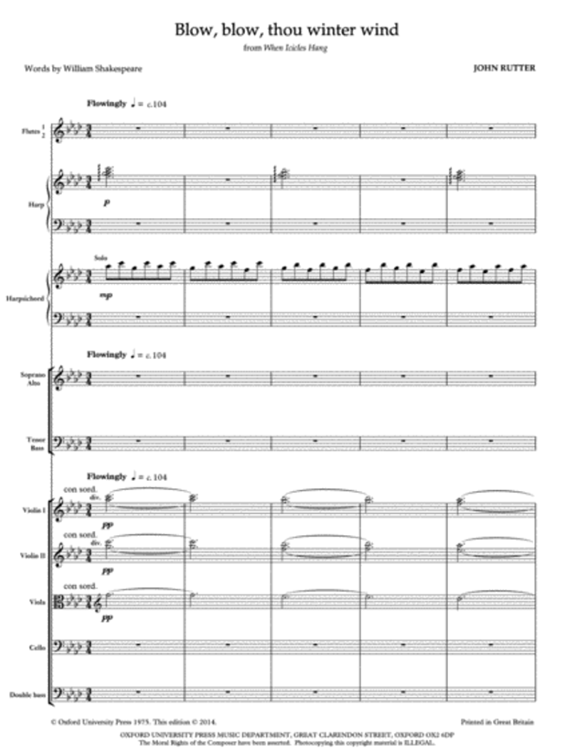 John Rutter - Blow Blow Thou Winter - SATB and Small Orchestra Parts Book