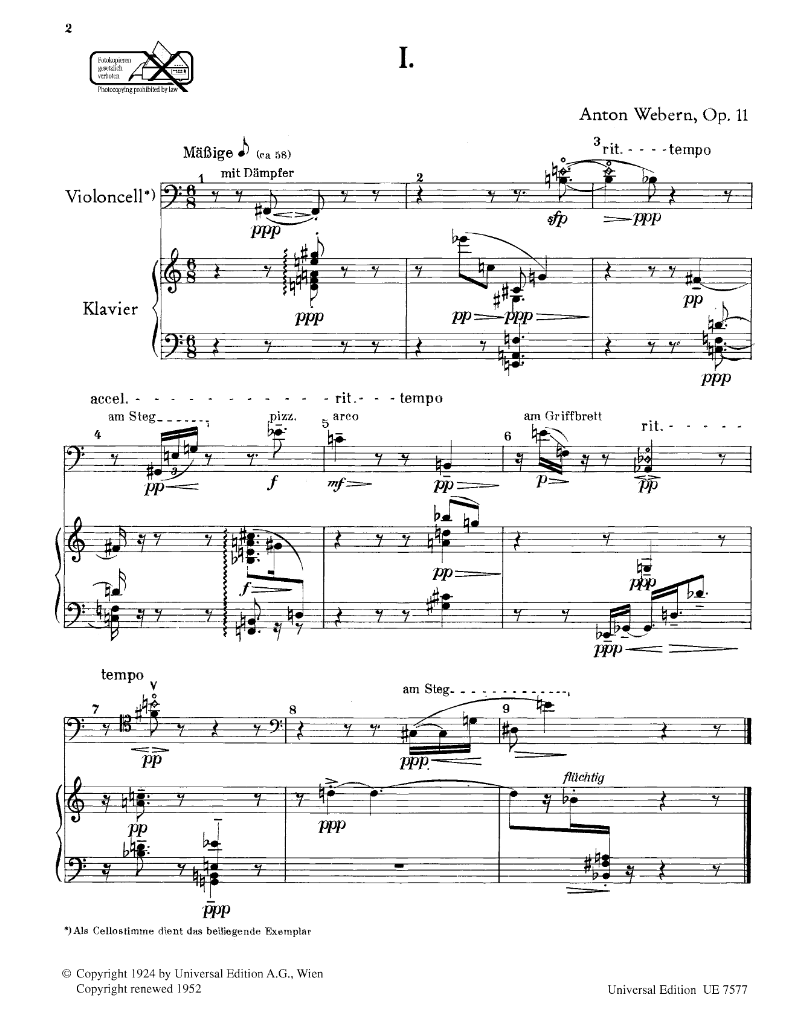 Anton Webern - 3 Little Pieces Op. 11 Cello/Piano Book