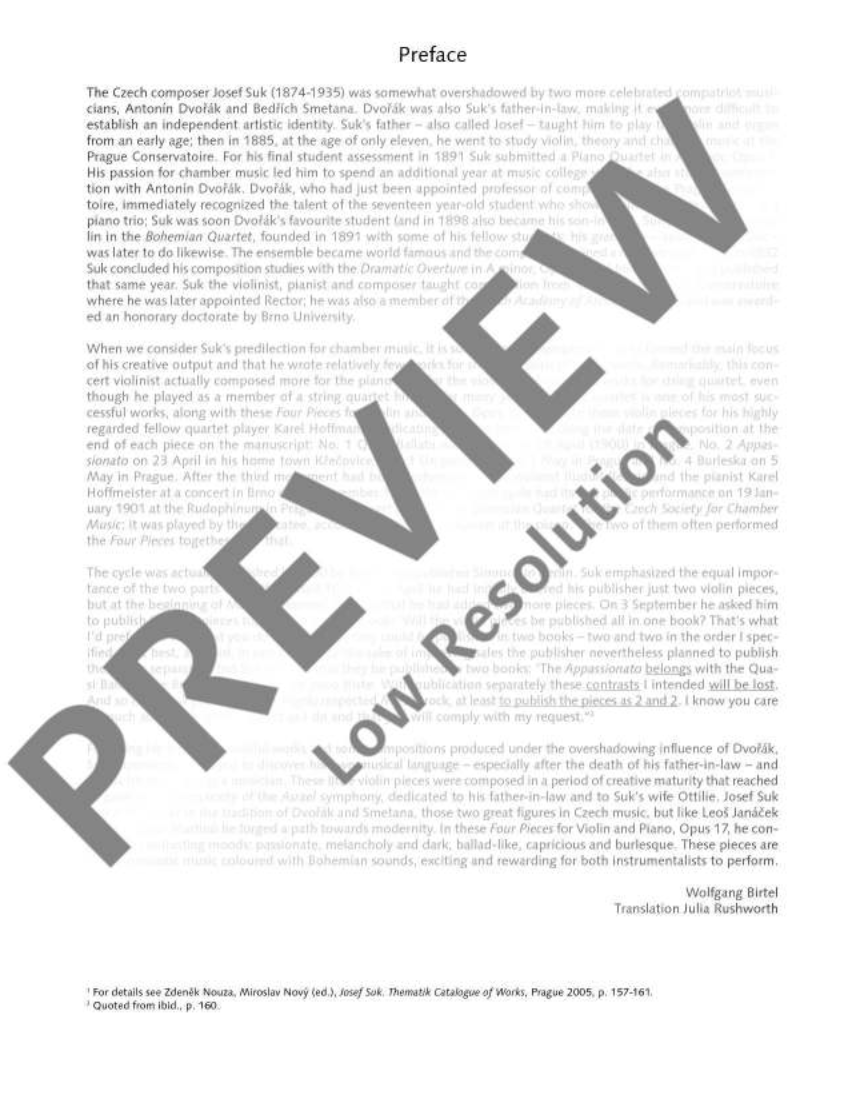 Josef Suk - 4 Pieces Op 17 Violin with Piano Accompaniment Book (Urtext Edition)