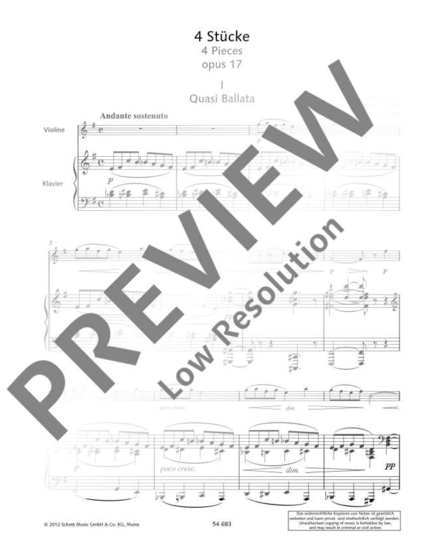 Josef Suk - 4 Pieces Op 17 Violin with Piano Accompaniment Book (Urtext Edition)