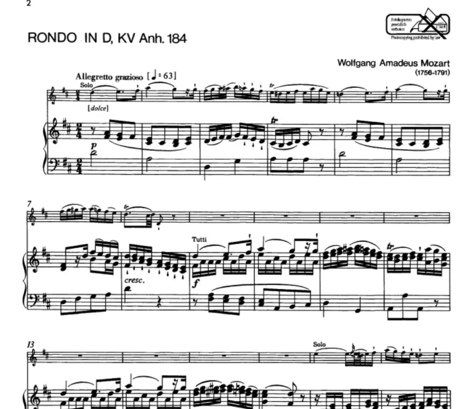 Wolfgang Mozart - Rondo D Major K Anh 184 Flute with Piano Accompaniment Book