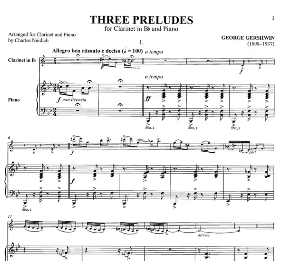 George Gershwin - 3 Preludes Clarinet with Piano Accompaniment Book