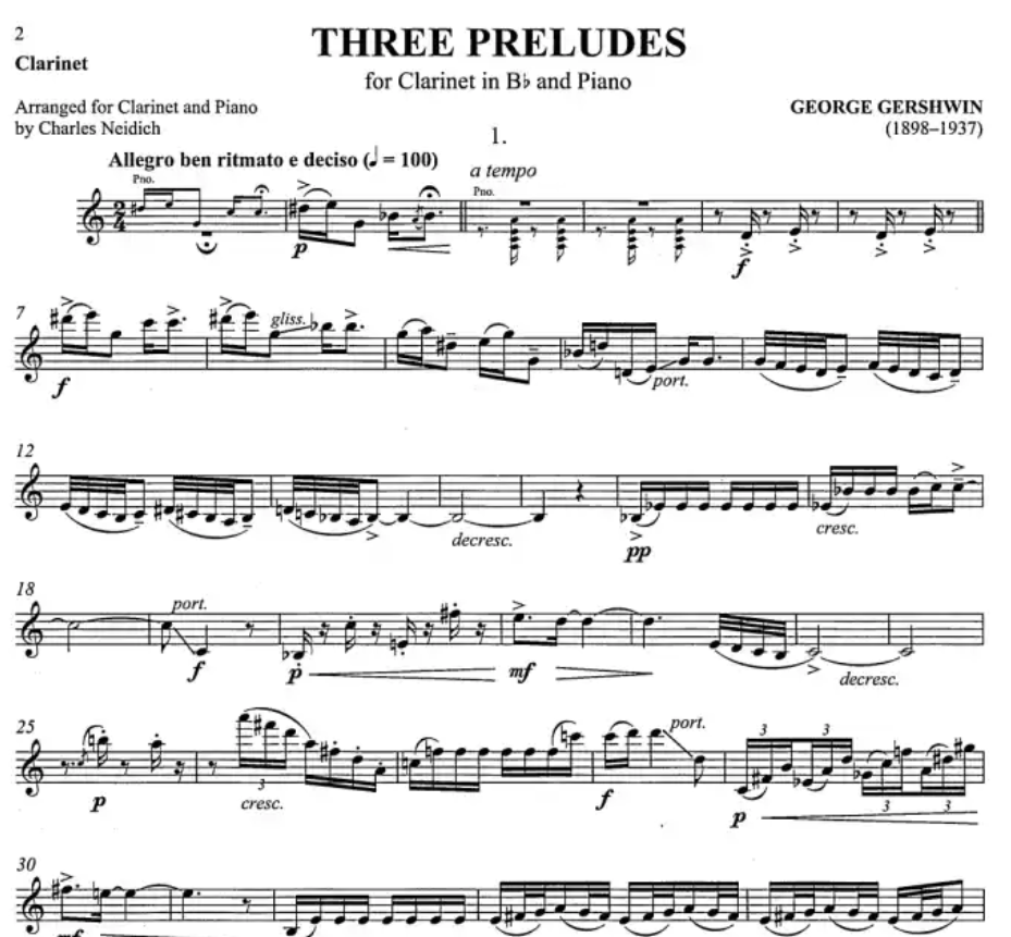 George Gershwin - 3 Preludes Clarinet with Piano Accompaniment Book