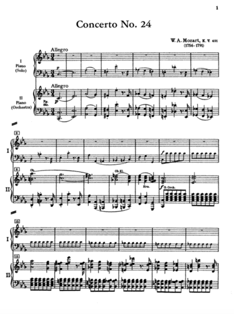Kalmus - Mozart Piano Concerto No. 24 in C Minor, K. 491 Book (2 Piano, 4 Hands)