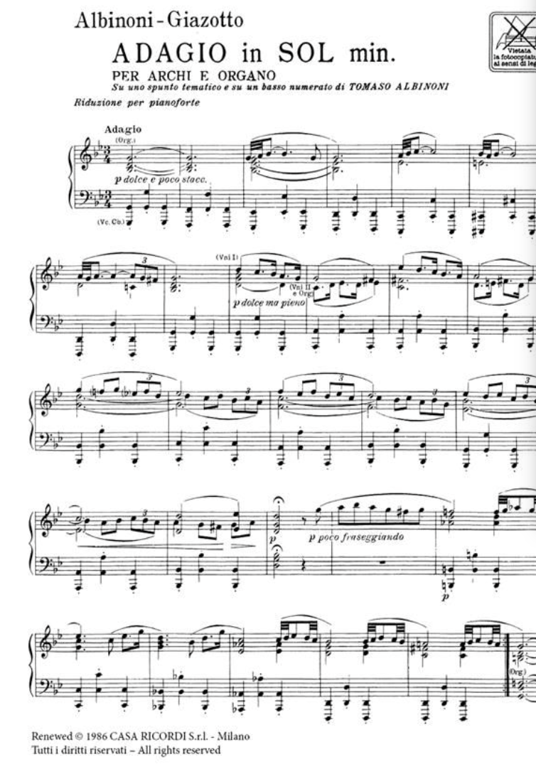 Tomaso Albinoni - Adagio In G Minor Piano Solo Book