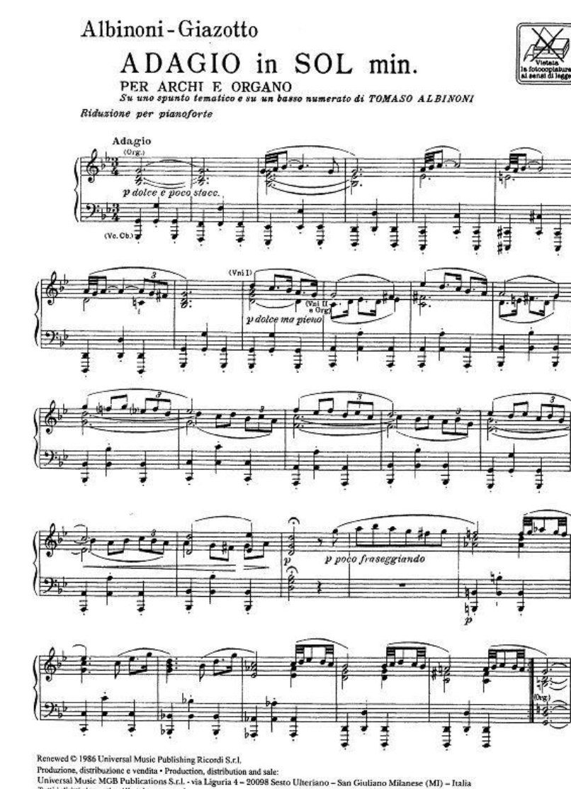 Tomaso Albinoni - Adagio In G Minor Piano Solo Book