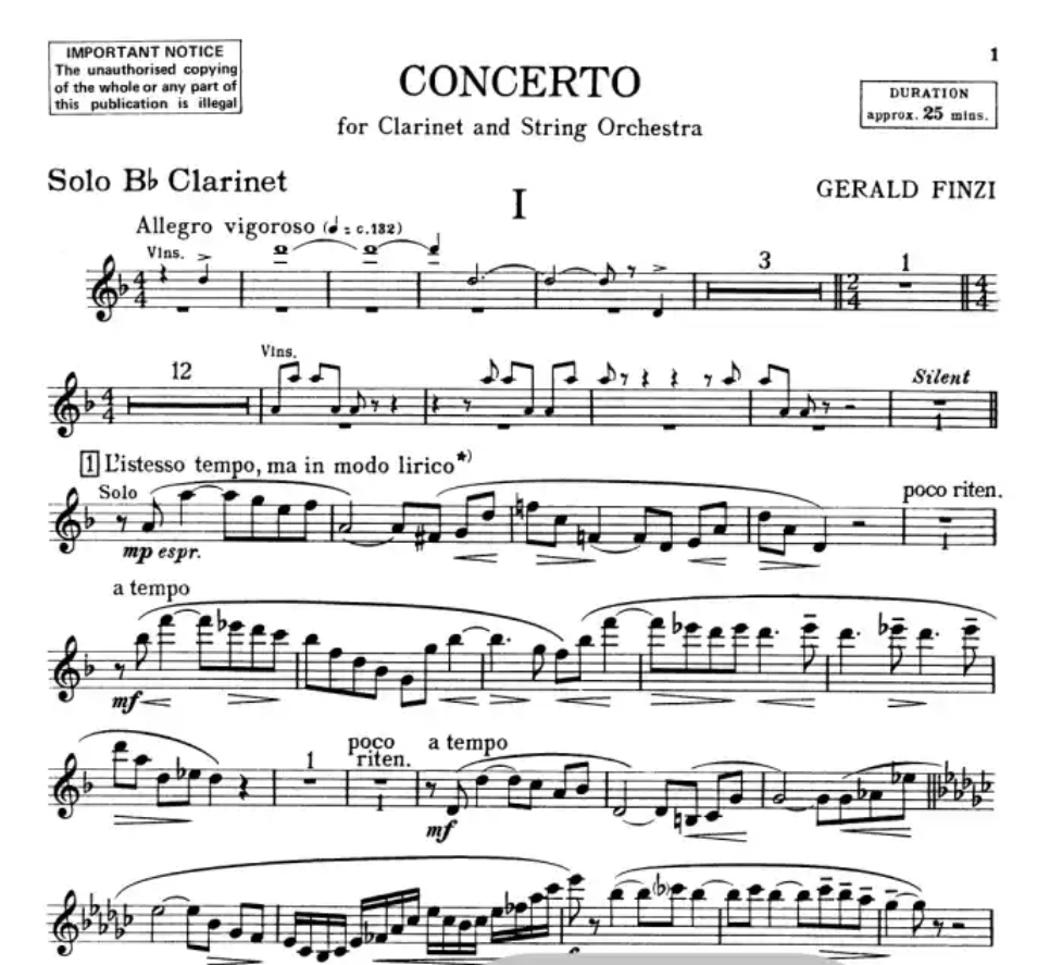 Gerald Finzi - Bb Clarinet Concerto Op 31 with Piano Accompaniment Book