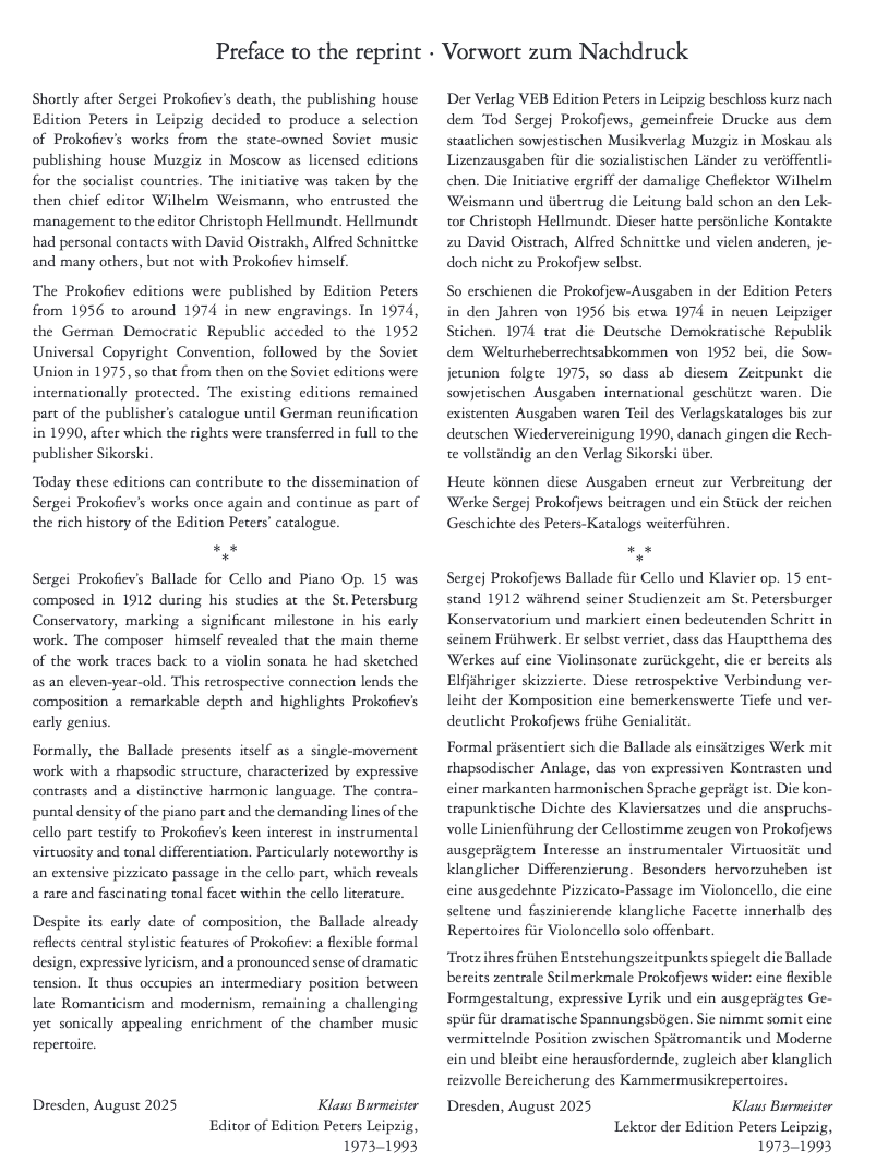 Sergei Prokofiev - Ballade for Cello and Piano Op. 15 Book (New Release)