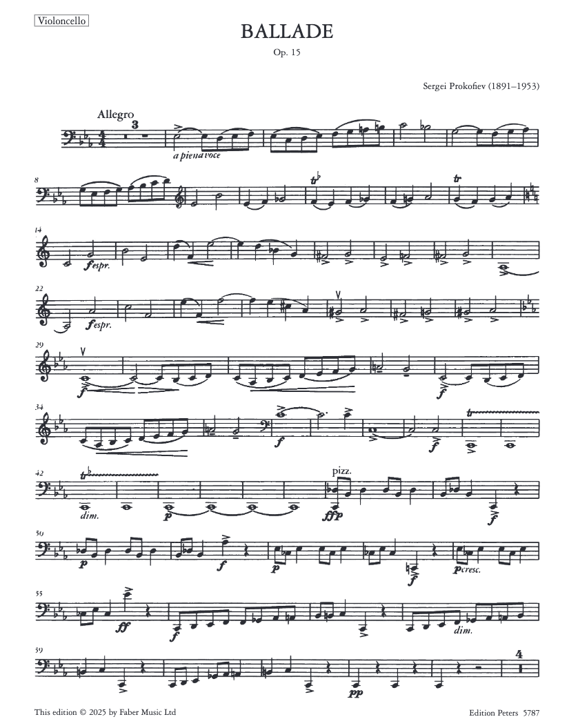 Sergei Prokofiev - Ballade for Cello and Piano Op. 15 Book (New Release)