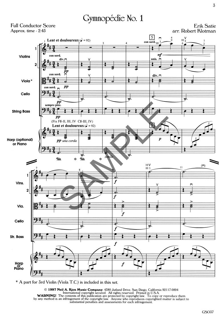 Erik Satie - Gymnopedie No.1 - String Orchestra Level 2 Conductor Score