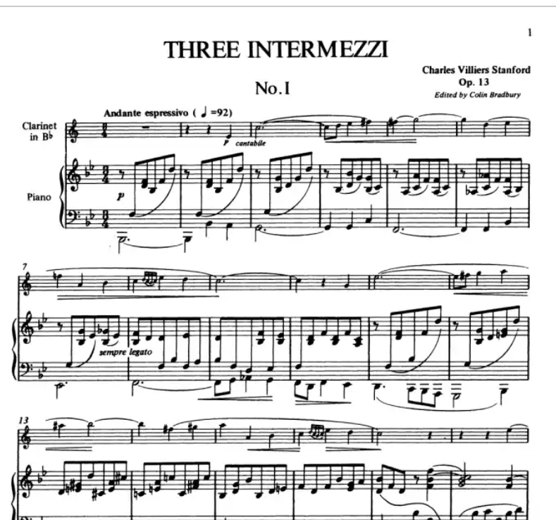 Charles Villers Stanford - 3 Intermezzi Clarinet with Piano Accompaniment Book