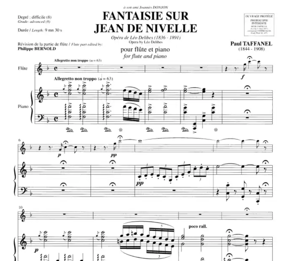 Paul Taffanel - Fantaisie Sur Jean De Neville Flute with Piano Accompaniment Book