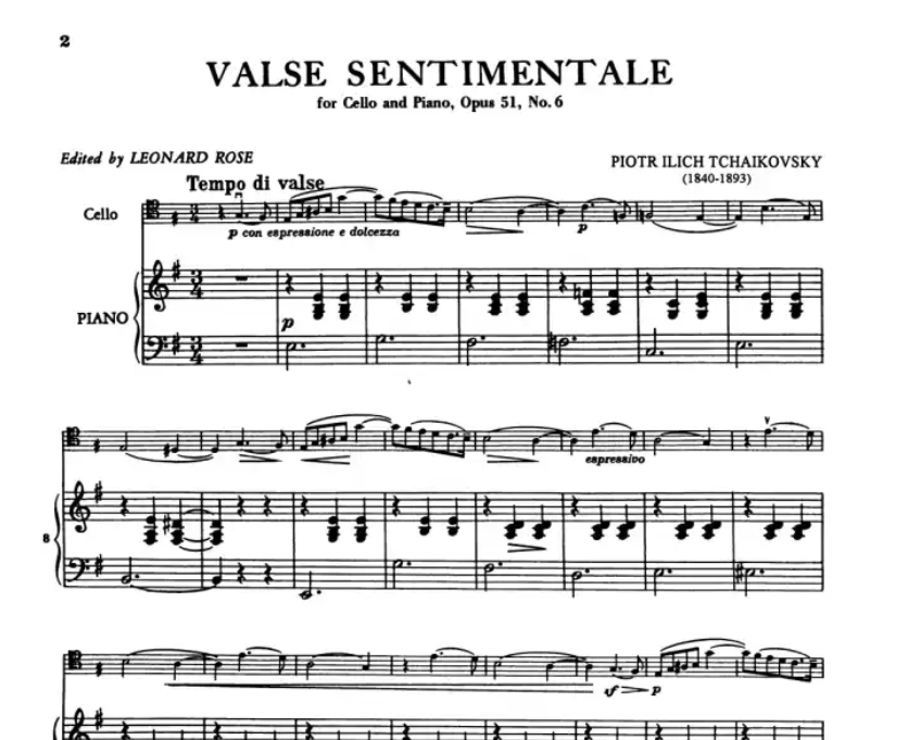 Tchaikovsky - Valse Sentimentale Op 51 No 6 Cello/Piano Book