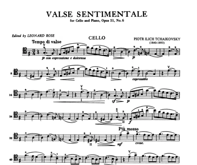 Tchaikovsky - Valse Sentimentale Op 51 No 6 Cello/Piano Book