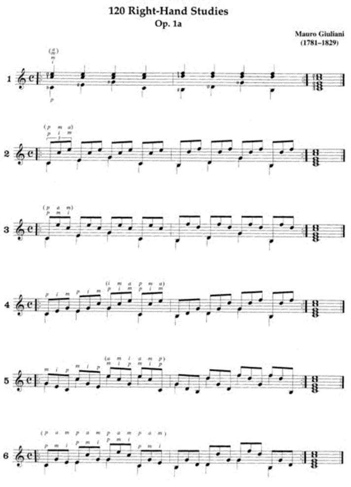Mauro Giuliani - 120 Right Hand Studies Op 1A For Guitar Book