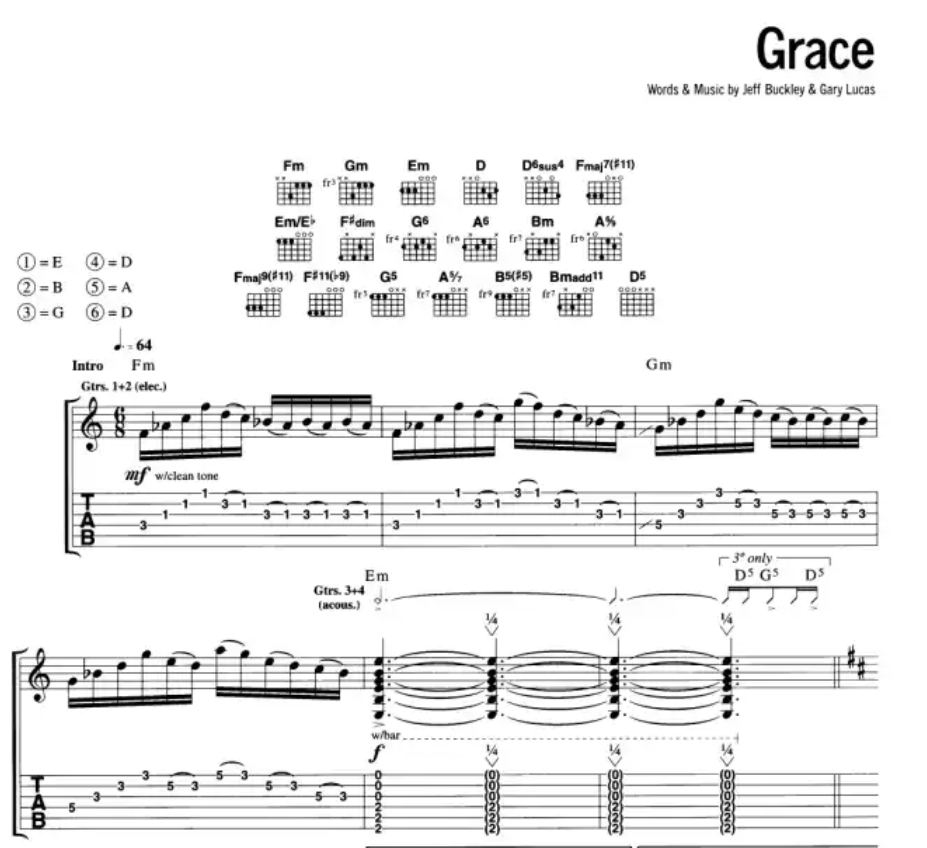 Jeff Buckley - Grace & Other Songs Guitar Tab and Chord Chart Book (15 Songs)