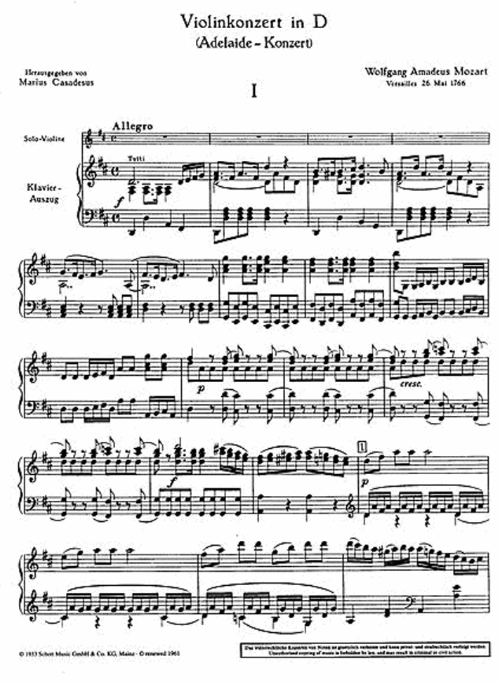 Mozart - Concerto in D Major 'Adelaide' for Violin and Piano Book