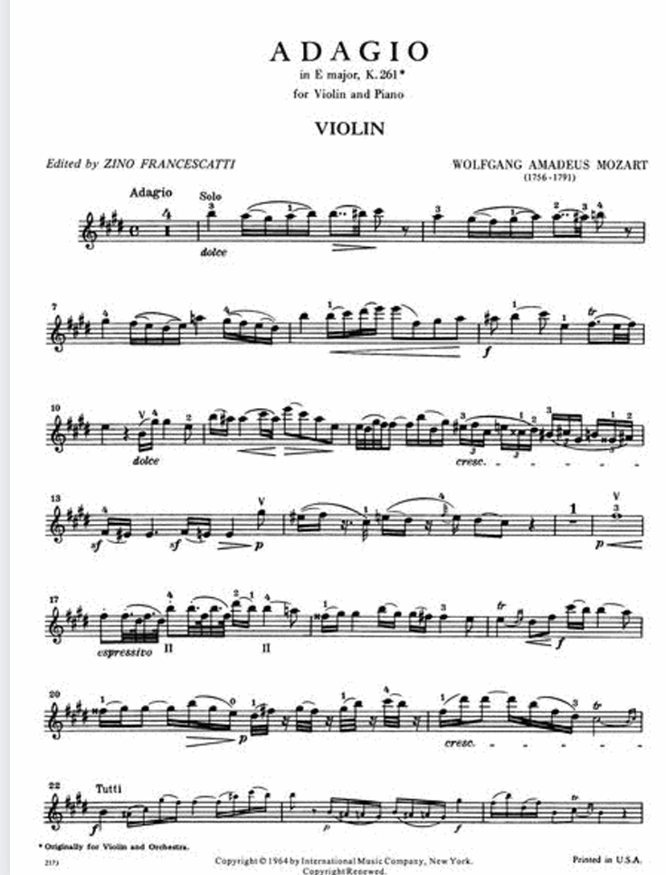 Mozart - Adagio E Major K. 261 Violin with Piano Book