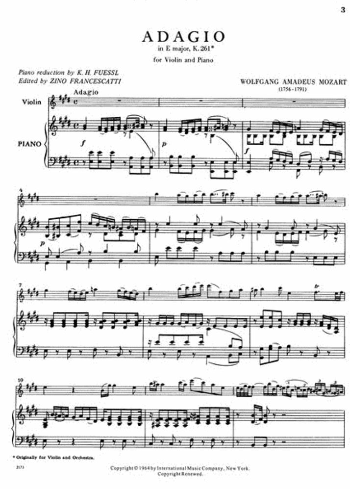 Mozart - Adagio E Major K. 261 Violin with Piano Book