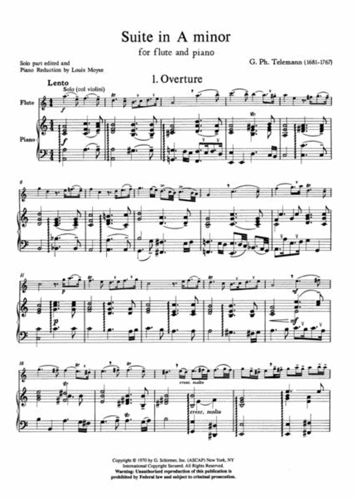 Georg Philipp Telemann - Suite A Minor Flute with Piano Accompaniment Book