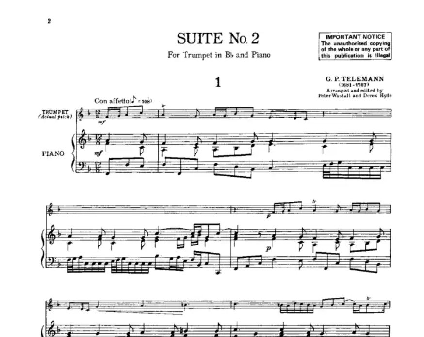 Georg Philipp Telemann - Suite No 2 Bb Trumpet and Piano Book