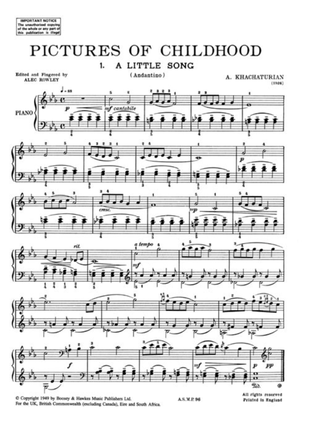 Aram Khachaturian - Pictures Of Childhood Piano Book