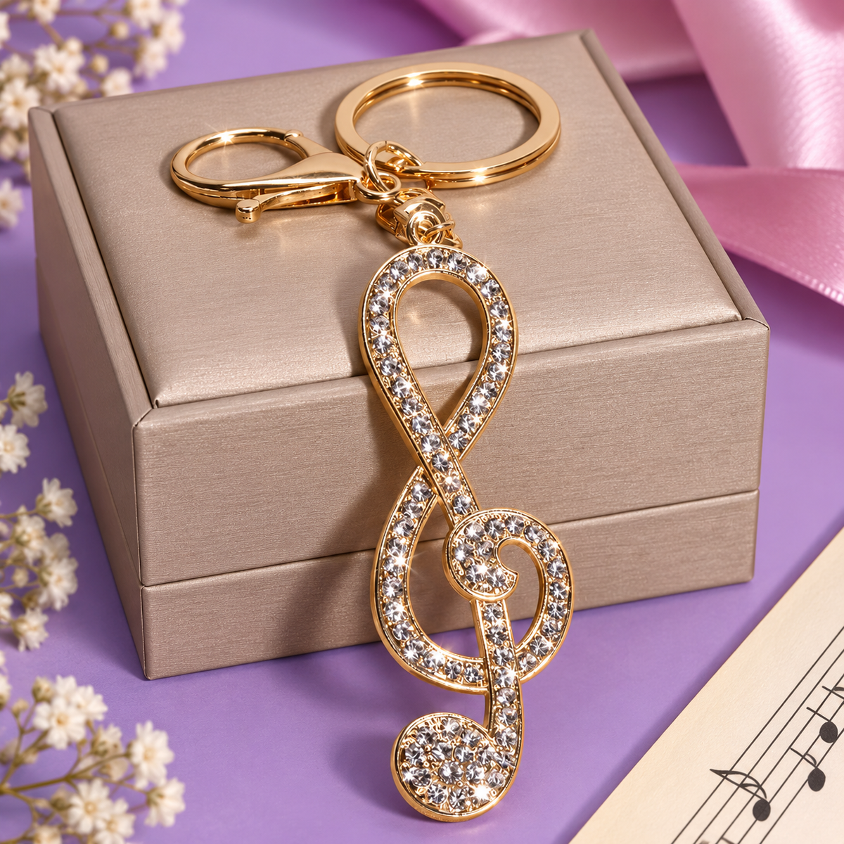 Large Gold and White Rhinestone Treble Clef Keyring with Lobster Clasp
