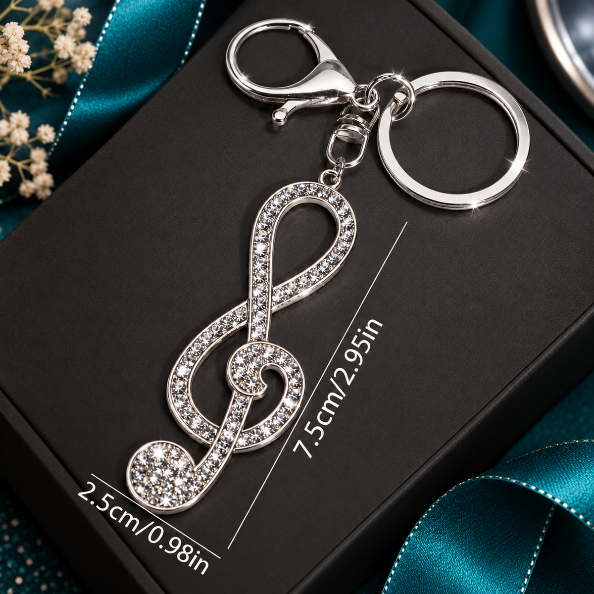 Large Silver and White Rhinestone Treble Clef Keyring with Lobster Clasp